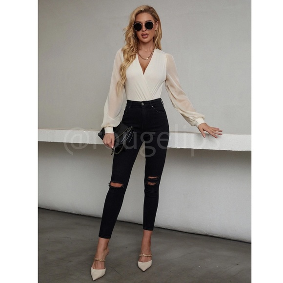 Beige Elegant V neck Bodysuit Surplice Decolleté V-Neck Long Bishop Sheer Sleeve - Picture 6 of 8